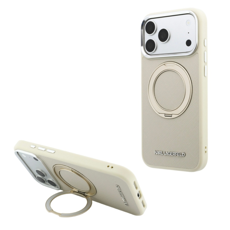 Karl Lagerfeld PU Saffiano Ring Stand MagSafe zadný kryt pre iPhone 18 Pro, béžový