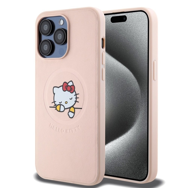 Hello Kitty PU Kitty Asleep Logo MagSafe Zadný Kryt pre iPhone 15 Pro Max Pink