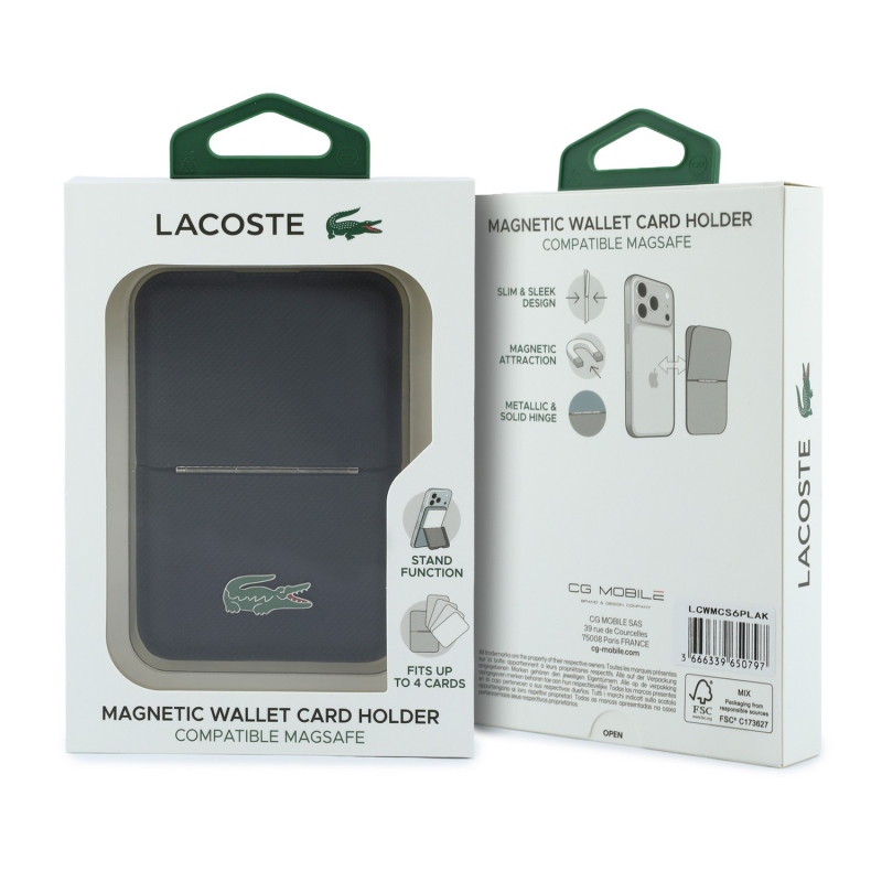 Peňaženka Lacoste PVC Iconic Petit Pique MagSafe so stojáčikom, čierna