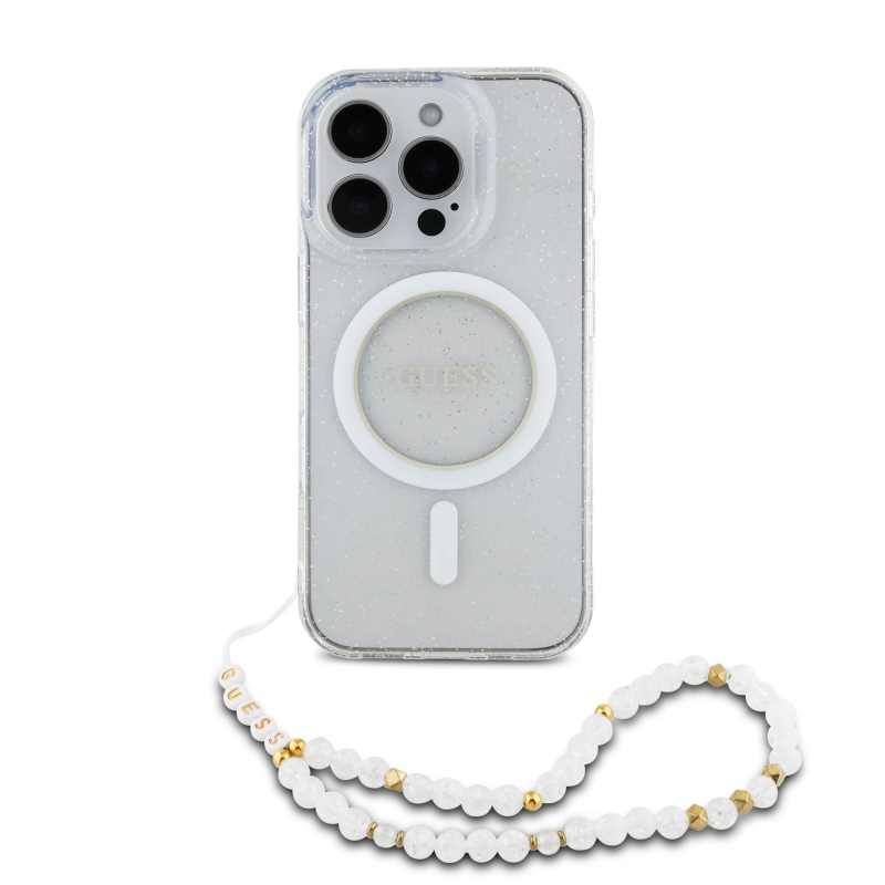 Guess IML Glitter Beads Strap MagSafe Zadný Kryt pre iPhone 16 Pro Max Transparent