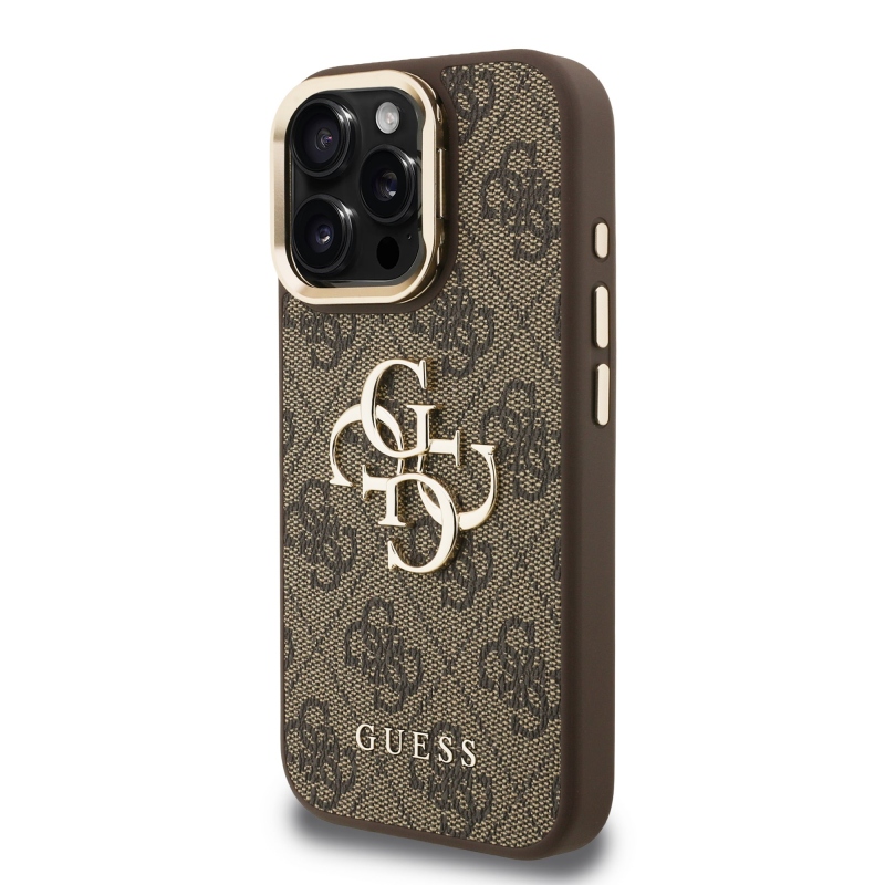 Guess PU 4G Metal Logo Stand Camera Frame Zadný Kryt pre iPhone 16 Pro Brown