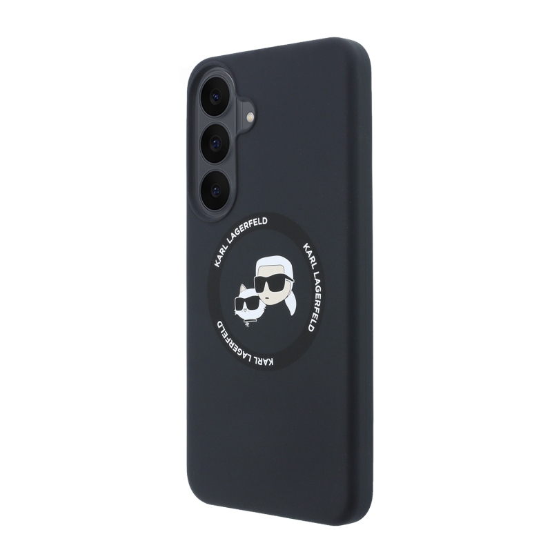 Karl Lagerfeld – zadný kryt z tekutého silikónu s dvojitými hlavami a magnetickým uchytením pre Samsung Galaxy S26 FE, čierny