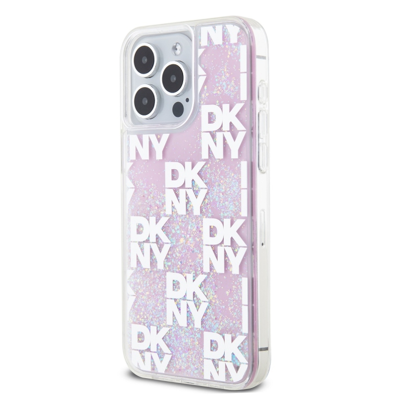 DKNY Liquid Glitter Checkered Pattern Zadný Kryt pre iPhone 15 Pro Max Pink