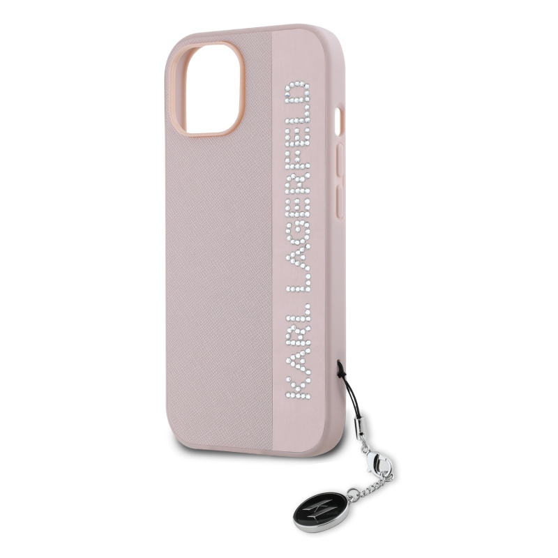 Karl Lagerfeld PU Saffiano Rhinestone Charm Zadný Kryt pre iPhone 14 Pink