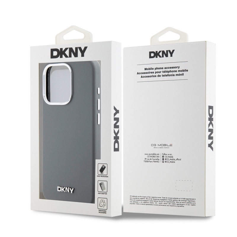 DKNY Liquid Silicone Silver Metal Logo Magsafe Zadný Kryt pre iPhone 15 Pro Grey