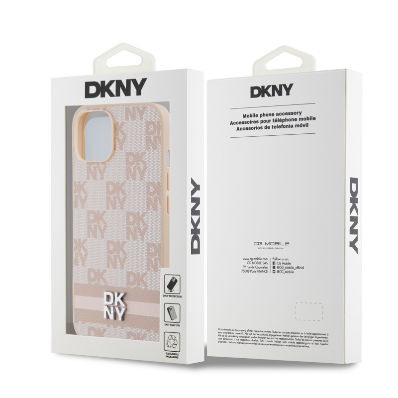 DKNY PU Leather Checkered Pattern and Stripe Zadný Kryt pre iPhone 13 Pink