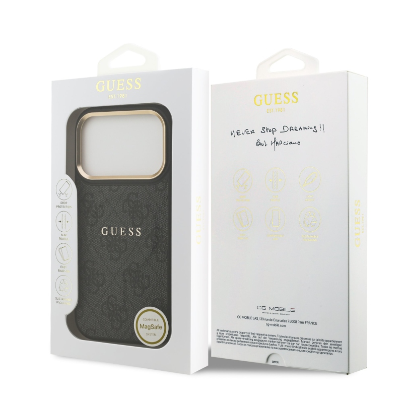 Guess PU kožený zadný kryt 4G Gold Frame MagSafe pre iPhone 17 Pro Black