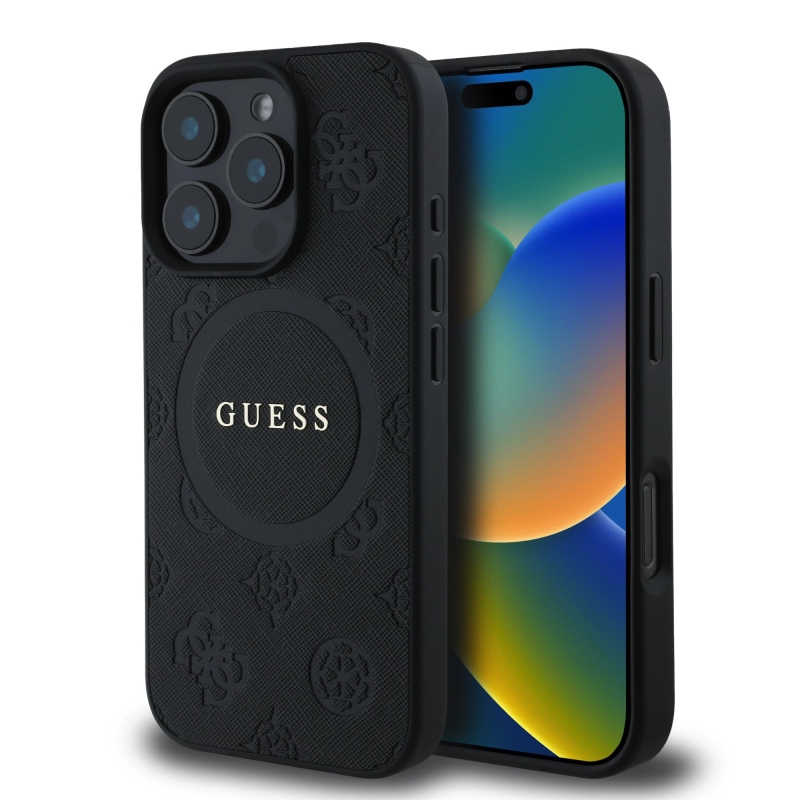 Guess Saffiano Peón Stamp MagSafe Zadný Kryt pre iPhone 16 Pro Black