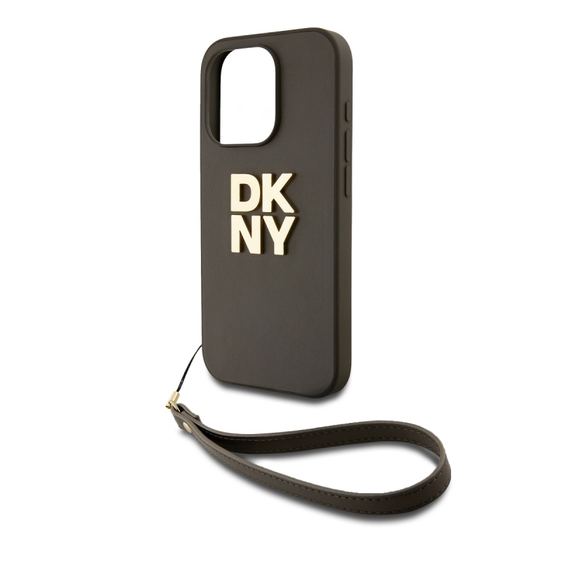 DKNY PU Leather Stack Logo Wrist Strap Zadný Kryt pre iPhone 14 Pro Brown