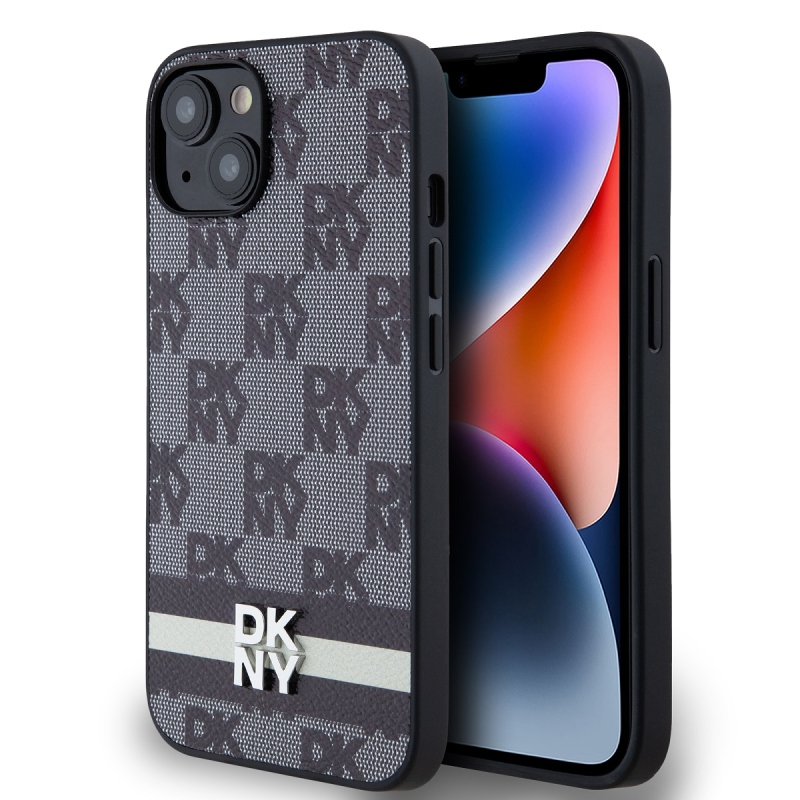 DKNY PU Leather Checkered Pattern and Stripe Zadný Kryt pre iPhone 13 Black