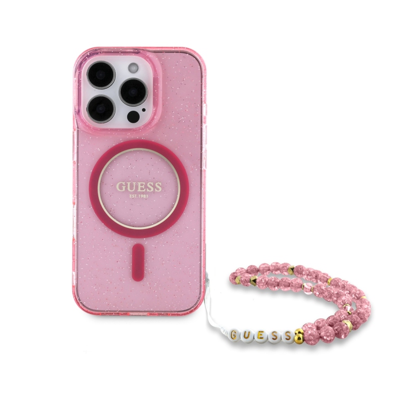Guess IML Glitter Strap MagSafe Zadný Kryt pre iPhone 16 Pro Pink