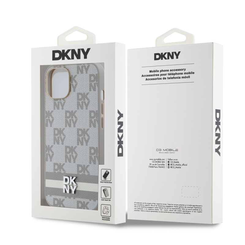 DKNY PU Leather Checkered Pattern and Stripe Zadný Kryt pre iPhone 14 Beige