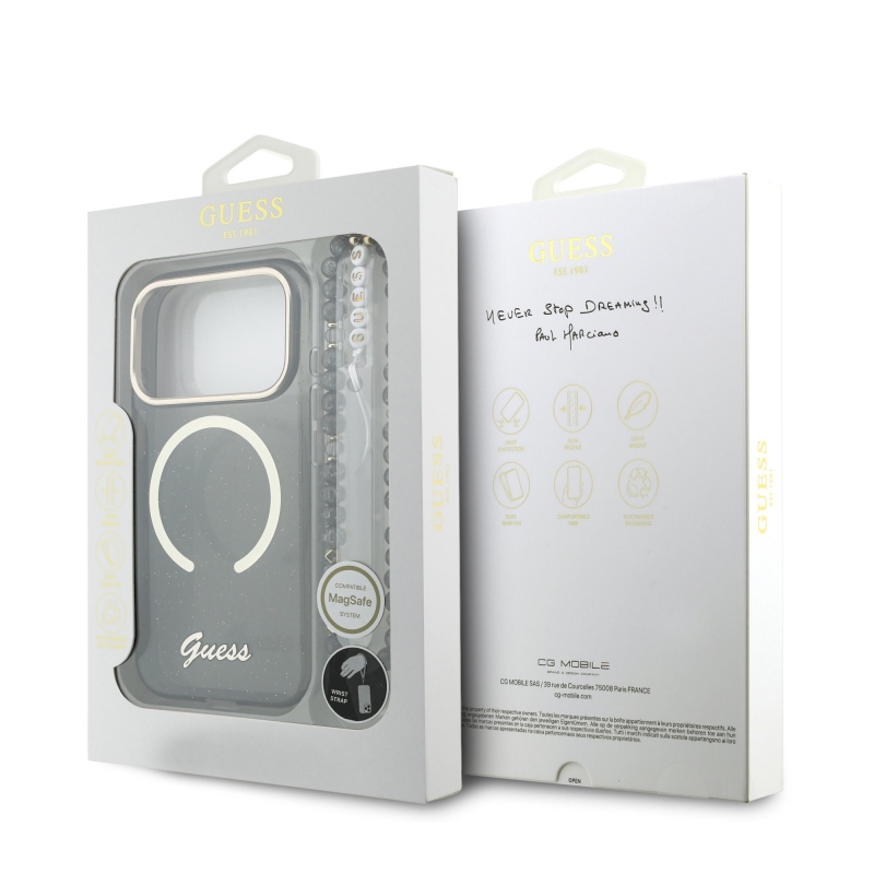 Guess IML Glitter Script Strap MagSafe zadný kryt pre iPhone 17 Pro Black