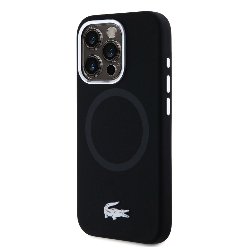 Lacoste Liquid Silicone Microfiber Silver Croc Logo MagSafe Zadný Kryt pre iPhone 15 Pro Black