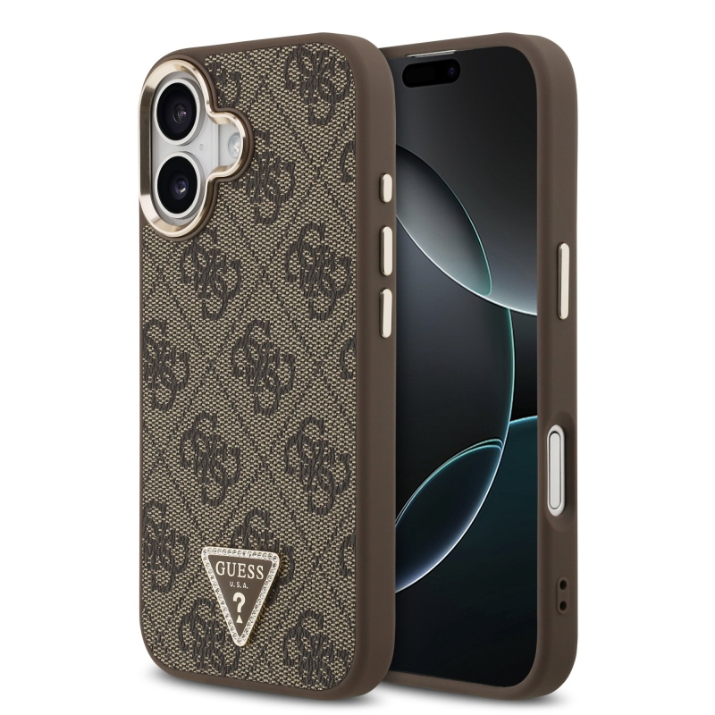 Guess PU kožený zadný kryt 4G Triangle Logo Gold Frame MagSafe pre iPhone 17 Brown