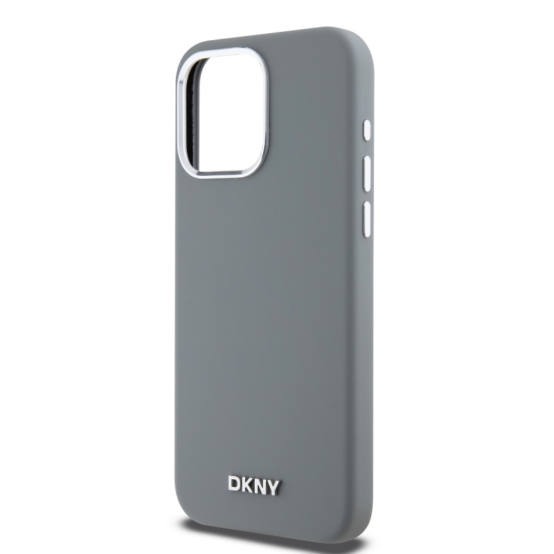 DKNY Liquid Silicone Silver Metal Logo Magsafe Zadný Kryt pre iPhone 15 Pro Max Grey