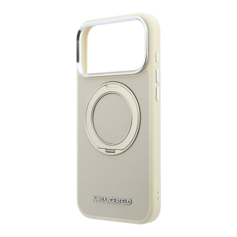 Karl Lagerfeld PU Saffiano Ring Stand MagSafe zadný kryt pre iPhone 18 Pro, béžový