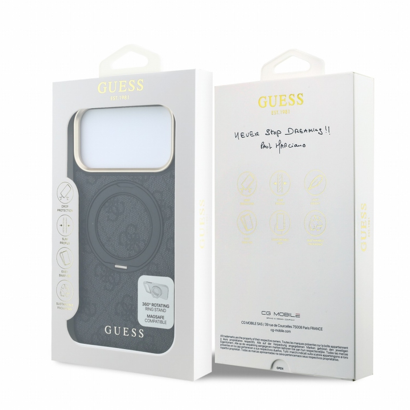 Guess PU 4G Ring Stand MagSafe zadný kryt pre iPhone 18 Pro, čierny