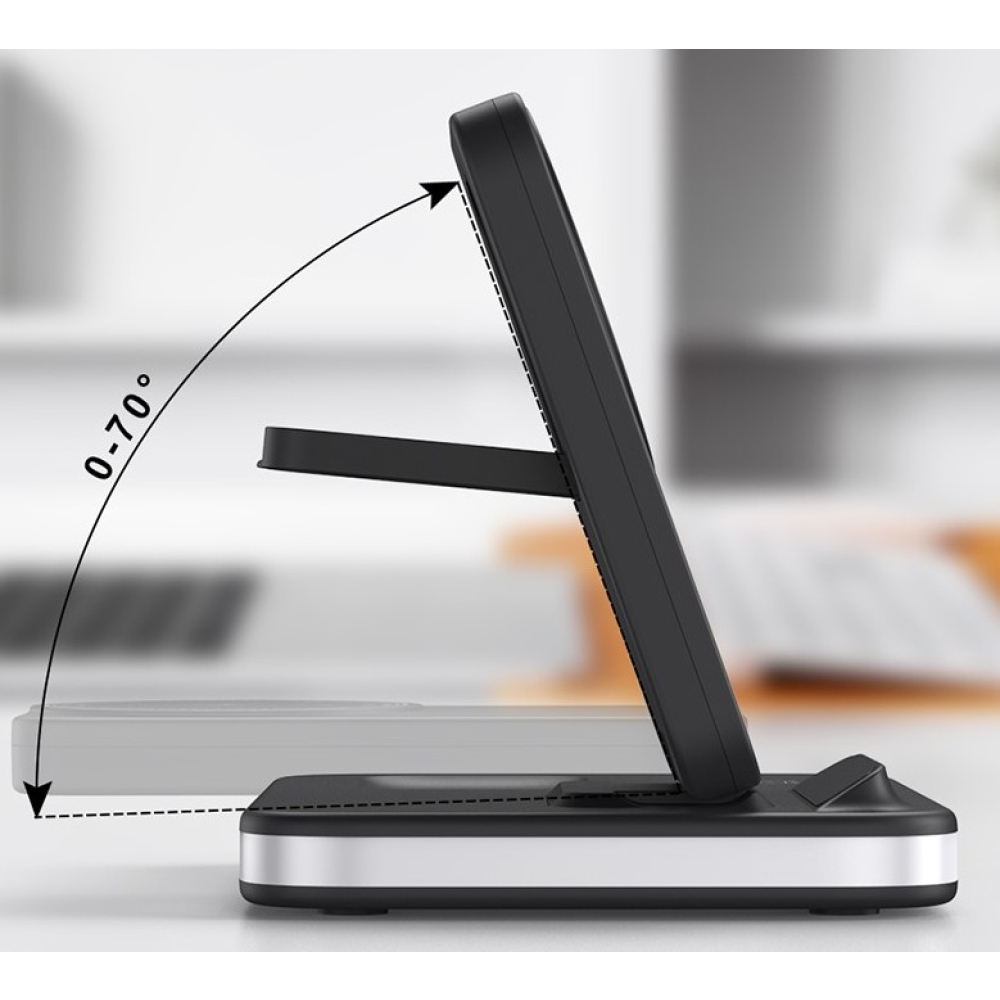 E16 skladacia bezdrôtová nabíjacia stanica 3v1 s nočným svetlom - čierna