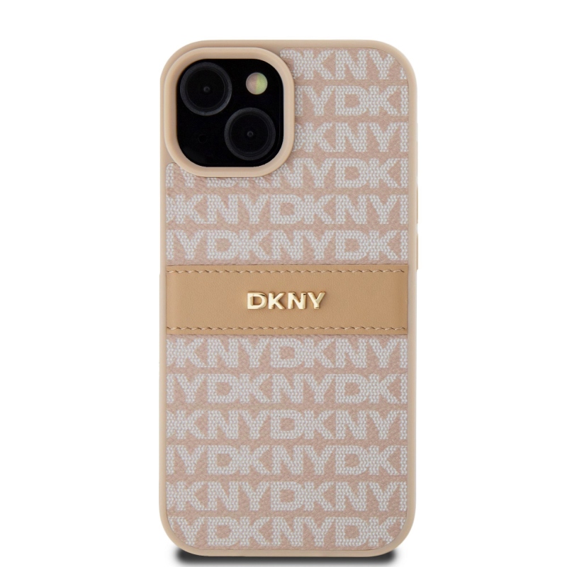 DKNY PU Leather Repeat Pattern Tonal Stripe Zadný Kryt pre iPhone 15 Pink