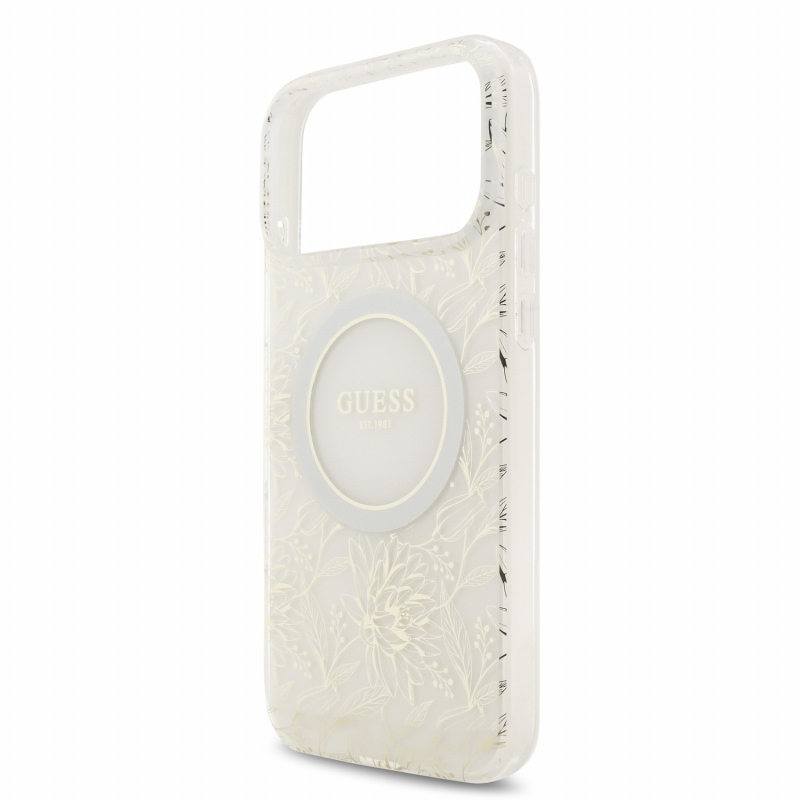 Guess IML Flowers Allover Strap MagSafe zadný kryt pre iPhone 18 Pro Max, biely