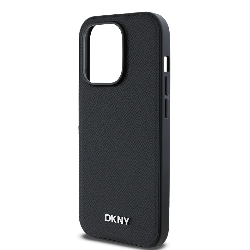 DKNY PU Leather Silver Metal Logo Magsafe Zadný Kryt pre iPhone 14 Pro Black