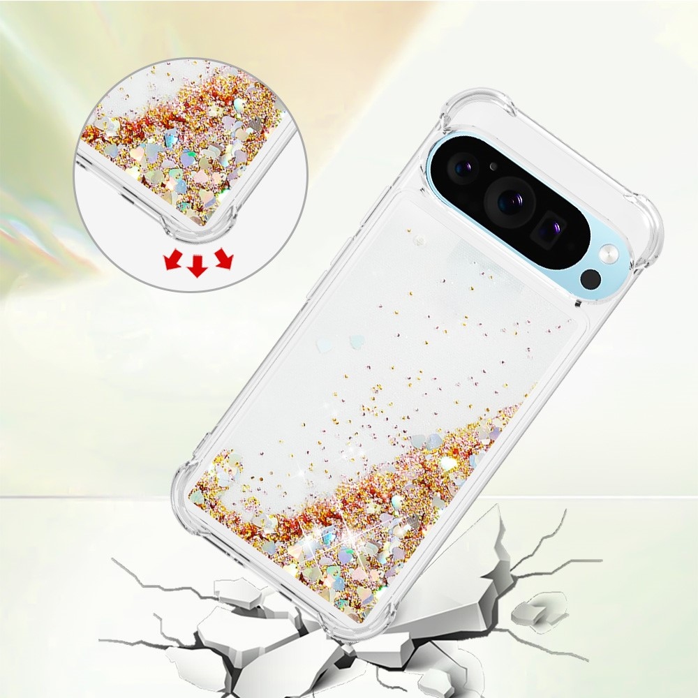 Glitter presýpací gélový obal na Google Pixel 10 Pro/Pixel 10 - zlatý/srdiečka