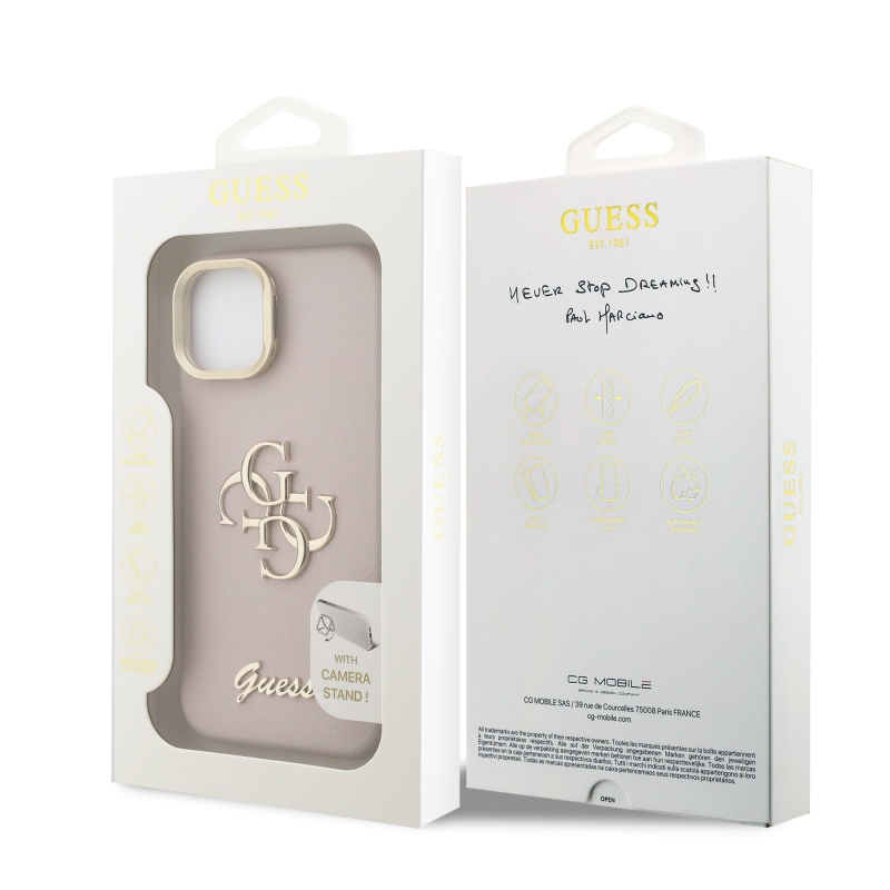 Guess PU Grained 4G Logo Stand Camera Frame Zadný Kryt pre iPhone 14 Pink