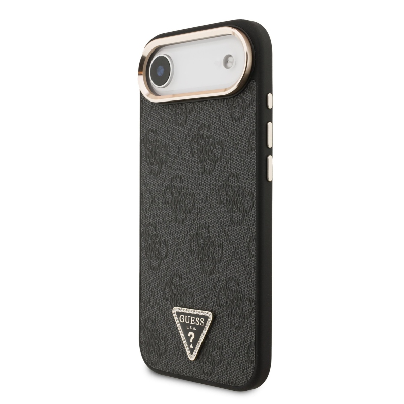 Guess PU kožený 4G štrasové trojuholníkové logo Gold Frame MagSafe zadný kryt pre iPhone Air Black
