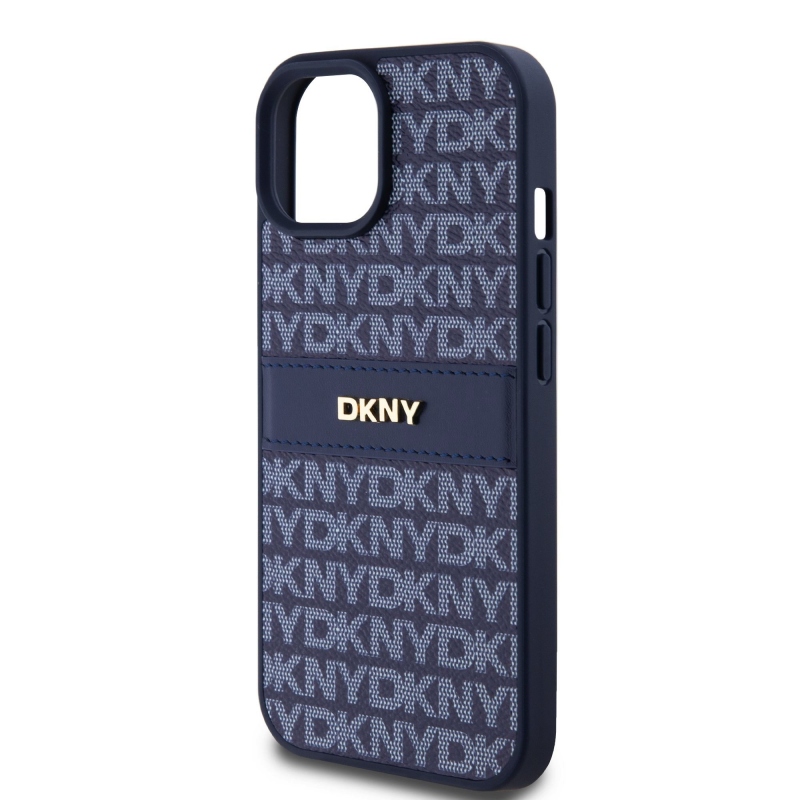 DKNY PU Leather Repeat Pattern Tonal Stripe Zadný Kryt pre iPhone 15 Blue