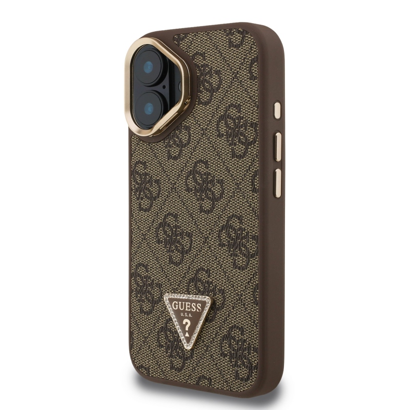 Guess PU 4G Strass Triangle Logo Stand Camera Frame MagSafe Zadný Kryt pre iPhone 16 Brown