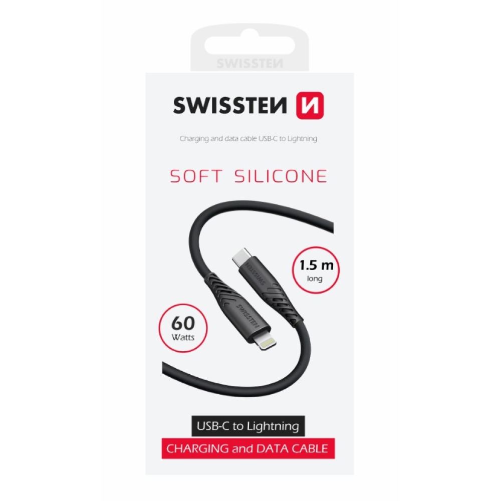Swissten dátový kábel Soft silikónový USB-C/Lightning 60W 1,5m - čierny