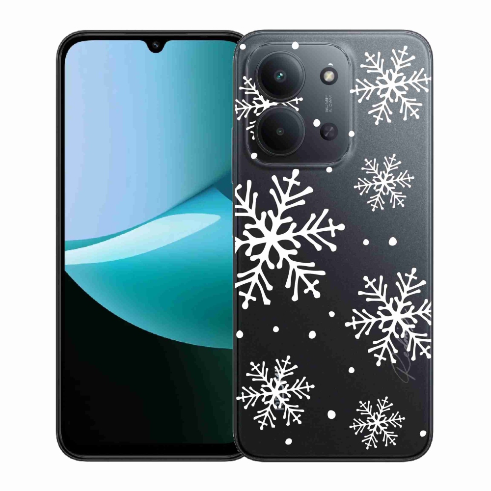 Gélový kryt mmCase na Xiaomi Redmi 15C 4G (171mm)/Poco C85 4G (171mm) - biele vločky na priehľadnom pozadí
