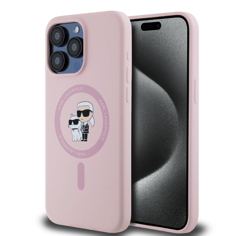 Karl Lagerfeld Liquid Silicone Karl and Choupette Magsafe Zadný Kryt pre iPhone 15 Pro Max Pink