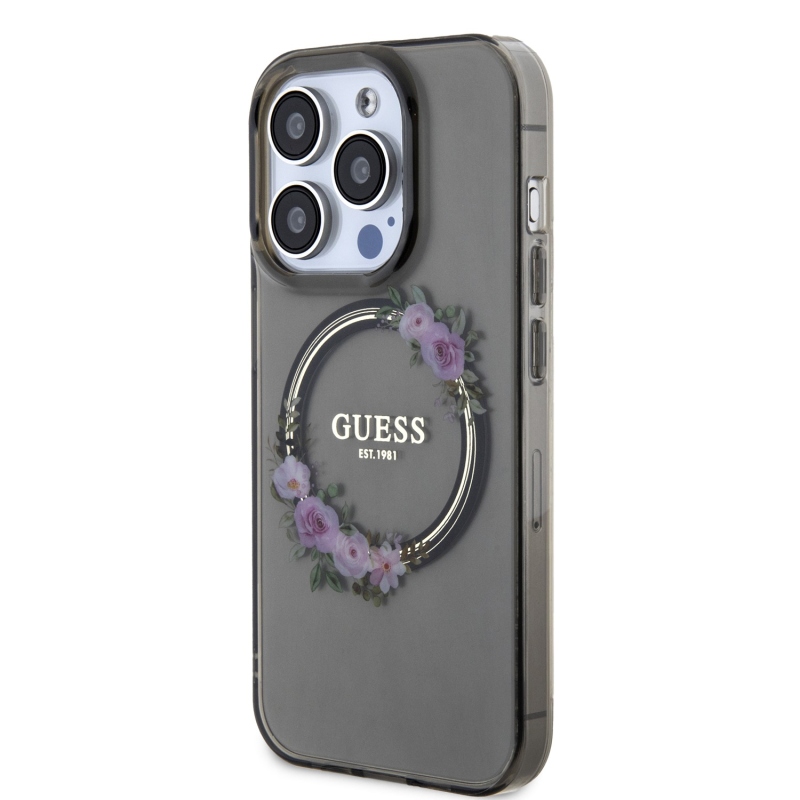 Guess PC/TPU Flowers Ring Glossy Logo MagSafe Zadný Kryt pre iPhone 13 Pro Black