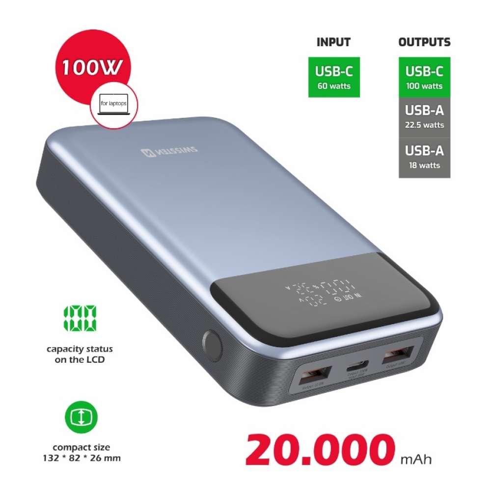 Swissten PowerBank 20000 mAh 100W Power Delivery pre notebooky