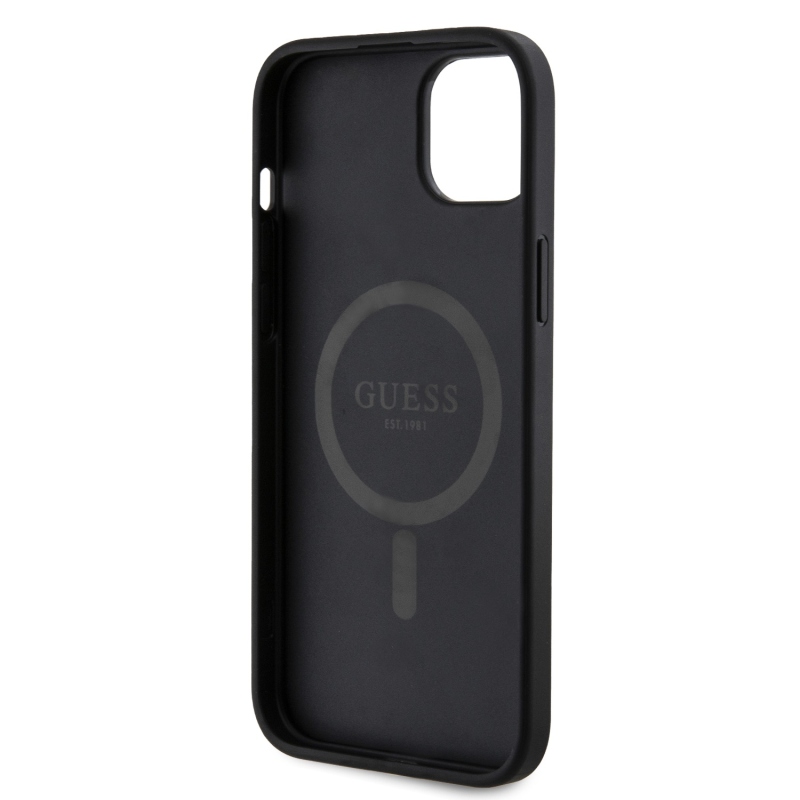Guess PU kožený zadný kryt 4G Colored Ring MagSafe pre iPhone 15 Plus Black