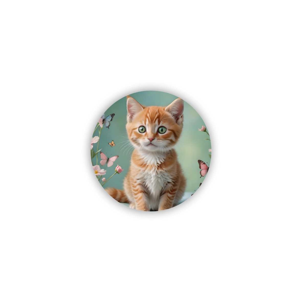 Magnetka 60x60mm v tvare kruhu - mačiatko v záhrade motýľov