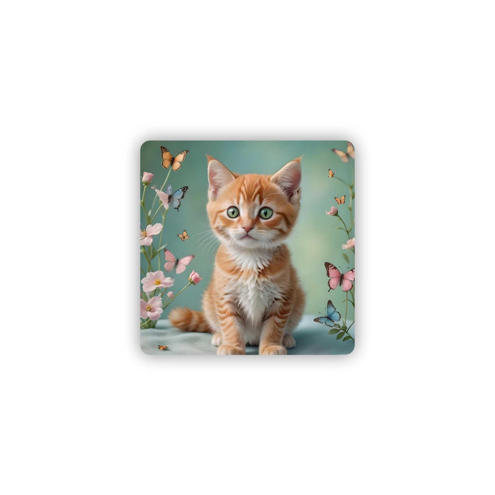 Magnetka 65x65mm v tvare štvorca - mačiatko v záhrade motýľov