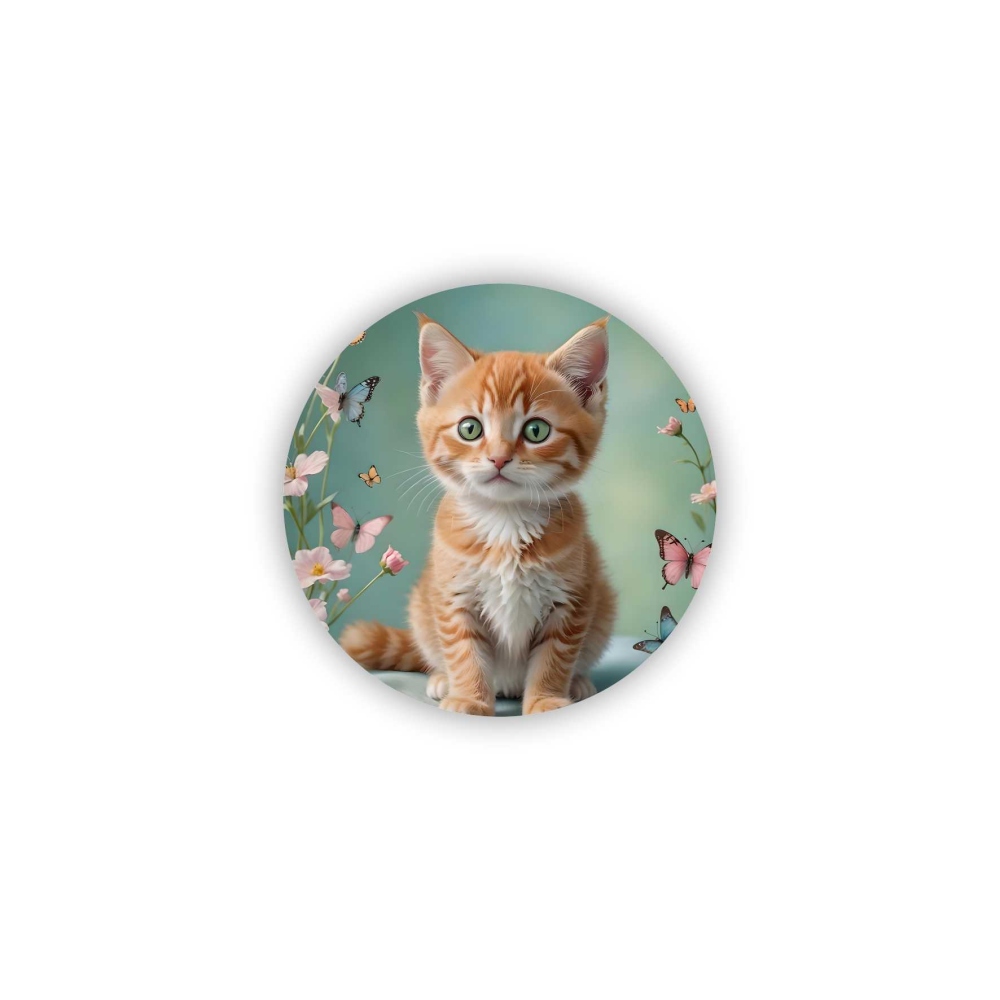 Magnetka 65x65mm v tvare kruhu - mačiatko v záhrade motýľov