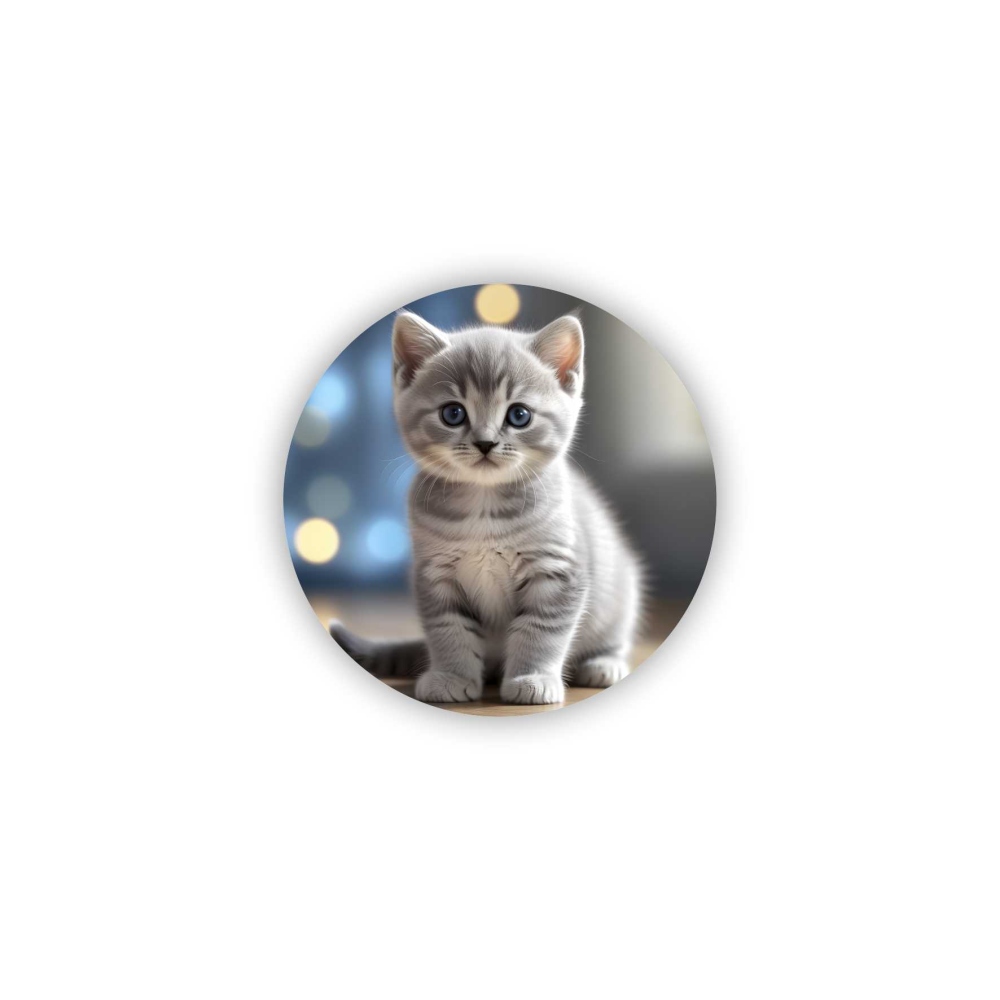 Magnetka 65x65mm v tvare kruhu - roztomilé šedé mačiatko