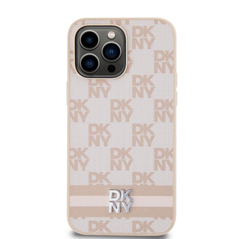 DKNY PU Leather Checkered Pattern and Stripe Zadný Kryt pre iPhone 15 Pro Max Pink