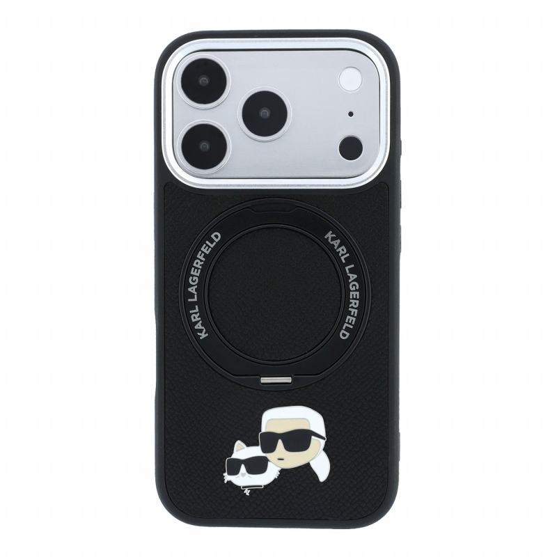 Karl Lagerfeld PU Grained K&CH Heads Ring Stand Magsafe zadný kryt pre iPhone 18 Pro Max, čierny