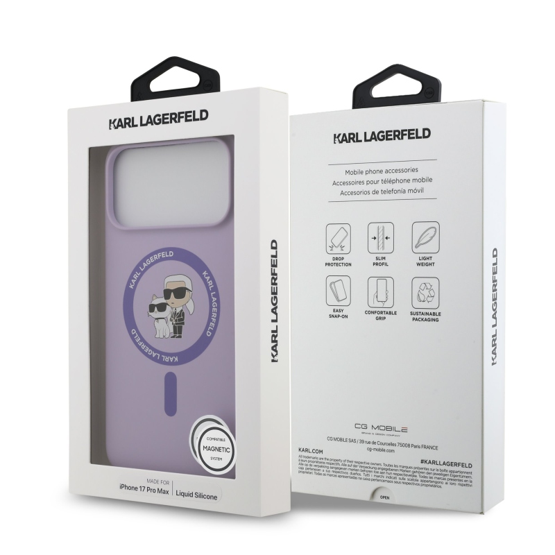 Tekutý silikónový kryt Karl Lagerfeld Karl and Choupette MagSafe Back Cover pre iPhone 17 Pro Max Purple
