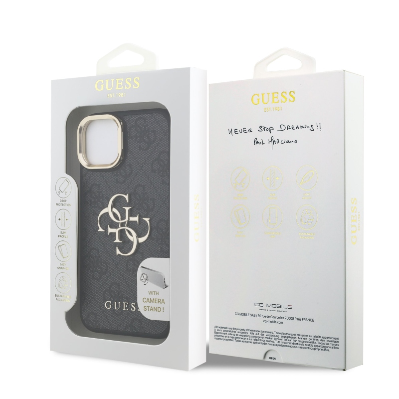 Guess PU 4G Metal Logo Stand Camera Frame Zadný Kryt pre iPhone 14 Black
