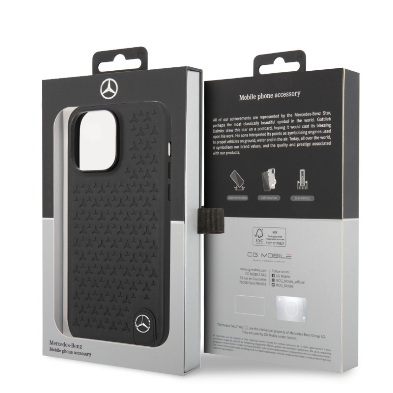 Mercedes Genuine Leather Star Zadný Kryt pre iPhone 14 Pro Max Black