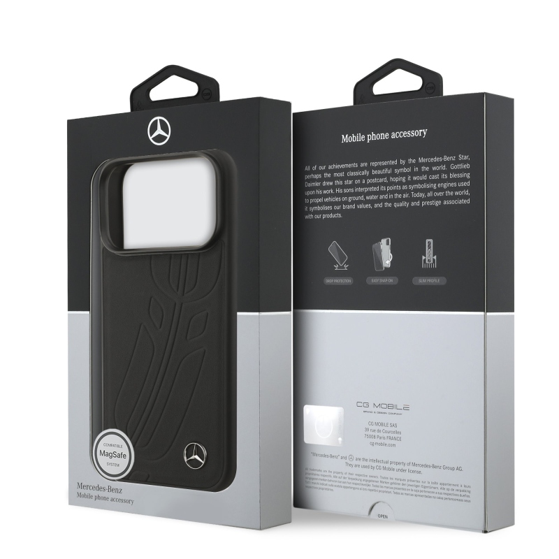 Mercedes Kožený veľký zadný kryt Lauer Leaves MagSafe pre iPhone 17 Pro Black