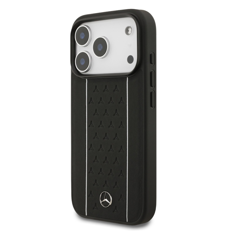 Mercedes Kožený zadný kryt MagSafe so vzorom hviezd a pruhov pre iPhone 17 Pro Black/White