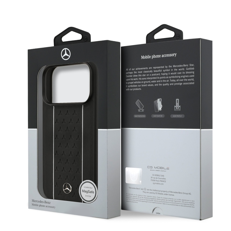 Mercedes Kožený zadný kryt MagSafe so vzorom hviezd a pruhov pre iPhone 17 Pro Black/White
