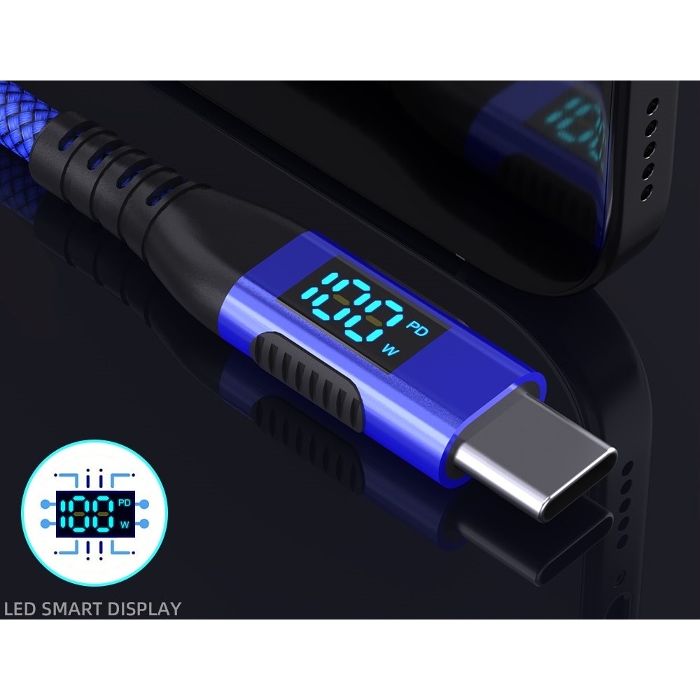 Nylonový kábel USB-C / USB-C s displejom 1m 100W - modrý